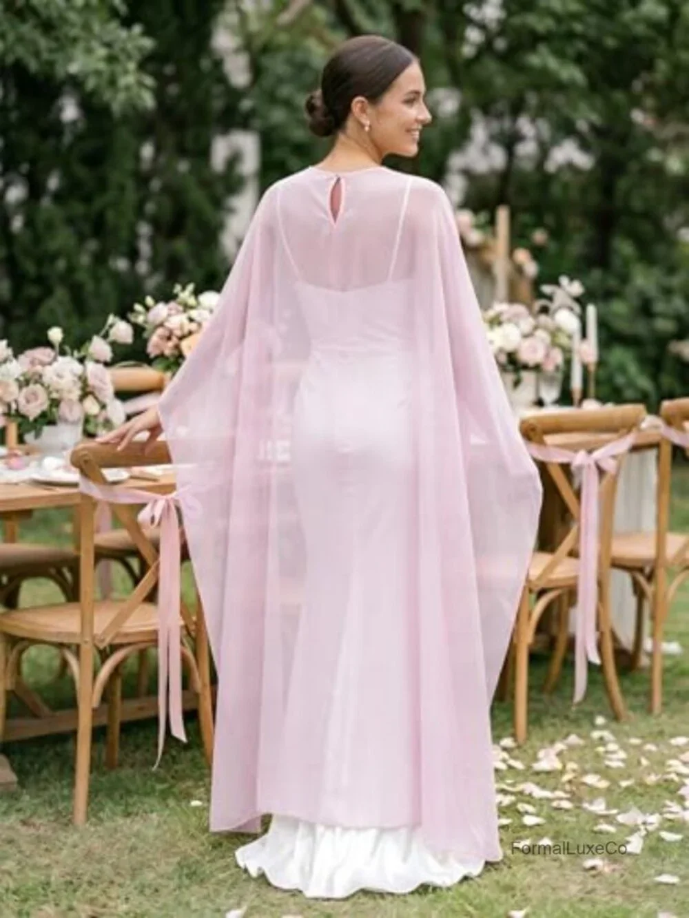Elegant Long Cape Shawl Sheer Chiffon Bridal Cover Up Pearl Button Closure